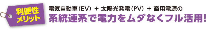 【利便性メリット】電気自動車（EV）＋太陽光発電（PV）＋商用電源の系統連系で電力をムダなくフル活用！
