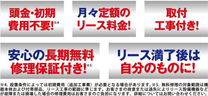 頭金・初期費用不要!月々定額のリース料金!取付工事付き!安心の長期無料保証付き!リース満了後は自分のものに！